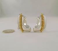 Big Bold Handcrafted Signed Vintage Taxco Mexican Repousse 950 Sterling Silver Freeform Modernist French Clip Pierced Earrings w/ Applied Gold Caviar Beading