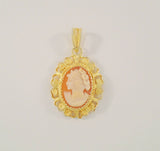 Detailed Handcrafted Vintage or Antique Filigree 800 Silver w/ Yelllow Gold Vermeil Carved Shell Lady Cameo Fancy Pendant