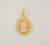 Detailed Handcrafted Vintage or Antique Filigree 800 Silver w/ Yelllow Gold Vermeil Carved Shell Lady Cameo Fancy Pendant