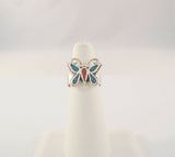 Handcrafted Vintage Southwest Rope Sterling Silver Mosaic Blue Turquoise & Red Coral Inlay Butterfly Ring Size 5.5