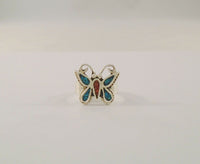 Handcrafted Vintage Southwest Rope Sterling Silver Mosaic Blue Turquoise & Red Coral Inlay Butterfly Ring Size 5.5