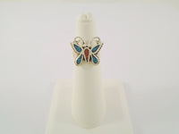 Handcrafted Vintage Southwest Rope Sterling Silver Mosaic Blue Turquoise & Red Coral Inlay Butterfly Ring Size 5.5