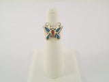 Handcrafted Vintage Southwest Rope Sterling Silver Mosaic Blue Turquoise & Red Coral Inlay Butterfly Ring Size 5.5