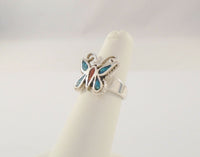 Handcrafted Vintage Southwest Rope Sterling Silver Mosaic Blue Turquoise & Red Coral Inlay Butterfly Ring Size 5.5