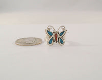 Handcrafted Vintage Southwest Rope Sterling Silver Mosaic Blue Turquoise & Red Coral Inlay Butterfly Ring Size 5.5