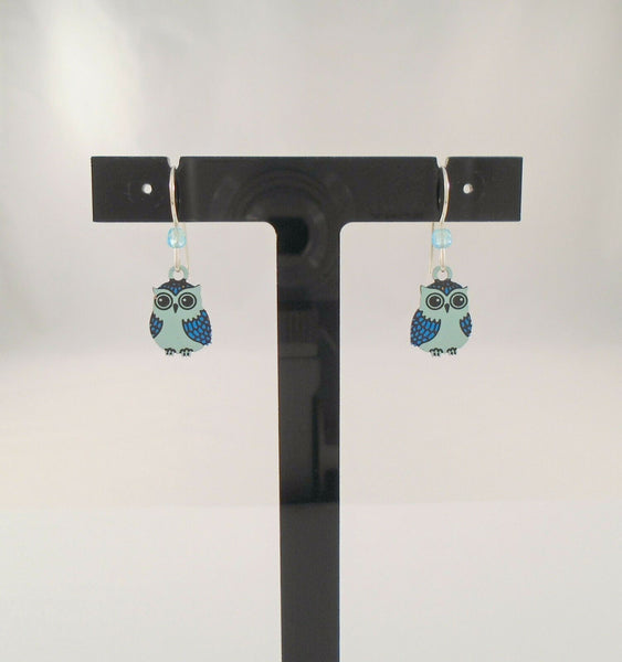 New Long Highly Detailed Vintage Sienna Sky by Left Hand Studios Sterling Silver & Brilliant Blue Artisan Painted Owl Dangle Hook Earrings w/ Glass Bead Accents USA