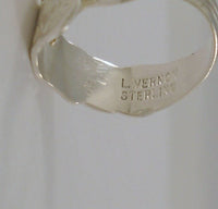 Romantic Signed Vintage L. Vernon Carved Pansy Design Sterling Silver Spoon Bypass Ring w/ " L " Initial Size 5