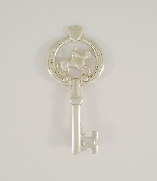 Detailed Vintage or Antique Sterling Silver Carved & Cut Out Repousse Horse & Rider Heart Key Pin or Brooch Equestrian