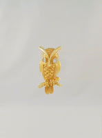 Highly Detailed Vintage or Antique Solid 14K Yellow Gold Carved Owl Pin or Tie Tack w/ Sparkly Natural Diamond Eyes