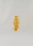 Highly Detailed Vintage or Antique Solid 14K Yellow Gold Carved Owl Pin or Tie Tack w/ Sparkly Natural Diamond Eyes