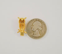 Highly Detailed Vintage or Antique Solid 14K Yellow Gold Carved Owl Pin or Tie Tack w/ Sparkly Natural Diamond Eyes