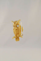 Highly Detailed Vintage or Antique Solid 14K Yellow Gold Carved Owl Pin or Tie Tack w/ Sparkly Natural Diamond Eyes