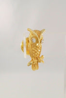 Highly Detailed Vintage or Antique Solid 14K Yellow Gold Carved Owl Pin or Tie Tack w/ Sparkly Natural Diamond Eyes