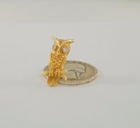 Highly Detailed Vintage or Antique Solid 14K Yellow Gold Carved Owl Pin or Tie Tack w/ Sparkly Natural Diamond Eyes