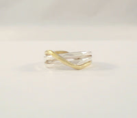Chunky and Bold Signed Vintage Silpada Modernist Hammered Sterling Silver w/ Yellow Gold Wavy Dimensional 8mm Wide Triple Band RingSize 8