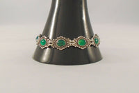 Detailed Vintage12.7mm Wide Sterling Silver & Cabochon Green Chalcedony Bracelet w/ Southwestern Scrollwork Dot & Rope Design 7.5"