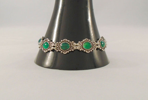 Detailed Vintage12.7mm Wide Sterling Silver & Cabochon Green Chalcedony Bracelet w/ Southwestern Scrollwork Dot & Rope Design 7.5"