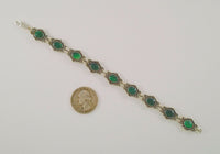 Detailed Vintage12.7mm Wide Sterling Silver & Cabochon Green Chalcedony Bracelet w/ Southwestern Scrollwork Dot & Rope Design 7.5"