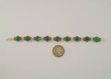 Detailed Vintage12.7mm Wide Sterling Silver & Cabochon Green Chalcedony Bracelet w/ Southwestern Scrollwork Dot & Rope Design 7.5"