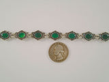 Detailed Vintage12.7mm Wide Sterling Silver & Cabochon Green Chalcedony Bracelet w/ Southwestern Scrollwork Dot & Rope Design 7.5"