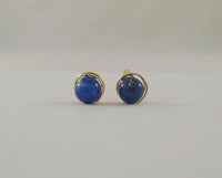 Large Vintage 14K Solid Yellow Gold & Spiral Set 11mm Round Vivid Blue Lapis Lazuli Ball Stud Pierced Earrings