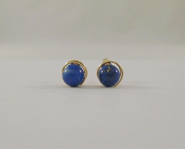 Large Vintage 14K Solid Yellow Gold & Spiral Set 11mm Round Vivid Blue Lapis Lazuli Ball Stud Pierced Earrings