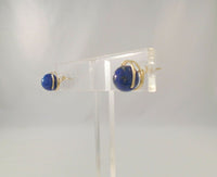 Large Vintage 14K Solid Yellow Gold & Spiral Set 11mm Round Vivid Blue Lapis Lazuli Ball Stud Pierced Earrings