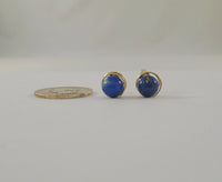 Large Vintage 14K Solid Yellow Gold & Spiral Set 11mm Round Vivid Blue Lapis Lazuli Ball Stud Pierced Earrings