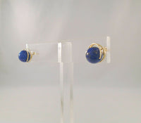 Large Vintage 14K Solid Yellow Gold & Spiral Set 11mm Round Vivid Blue Lapis Lazuli Ball Stud Pierced Earrings