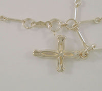 Unusual Vintage Sterling Silver Satin & Polished Carved Dimensional Cross Pendant on Fancy Bar Link Chain Necklace 18.25"