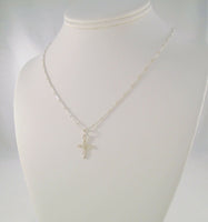 Unusual Vintage Sterling Silver Satin & Polished Carved Dimensional Cross Pendant on Fancy Bar Link Chain Necklace 18.25"