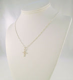 Unusual Vintage Sterling Silver Satin & Polished Carved Dimensional Cross Pendant on Fancy Bar Link Chain Necklace 18.25"