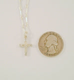 Unusual Vintage Sterling Silver Satin & Polished Carved Dimensional Cross Pendant on Fancy Bar Link Chain Necklace 18.25"