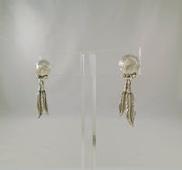 Large Vintage Sterling Silver Navajo Hand Stamped Half Dome w/ Long Detailed Dangling Eagle Feathers Native American Pierced Earrings