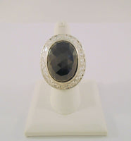 Big Bold Detailed Vintage Handcrafted Sterling Silver and Faceted Oval Black Onyx Cut and Etched Western Scroll Framed Ring SIZE 7