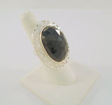 Big Bold Detailed Vintage Handcrafted Sterling Silver and Faceted Oval Black Onyx Cut and Etched Western Scroll Framed Ring SIZE 7