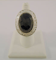 Big Bold Detailed Vintage Handcrafted Sterling Silver and Faceted Oval Black Onyx Cut and Etched Western Scroll Framed Ring SIZE 7