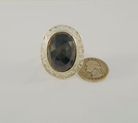 Big Bold Detailed Vintage Handcrafted Sterling Silver and Faceted Oval Black Onyx Cut and Etched Western Scroll Framed Ring SIZE 7