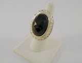 Big Bold Detailed Vintage Handcrafted Sterling Silver and Faceted Oval Black Onyx Cut and Etched Western Scroll Framed Ring SIZE 7