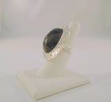 Big Bold Detailed Vintage Handcrafted Sterling Silver and Faceted Oval Black Onyx Cut and Etched Western Scroll Framed Ring SIZE 7