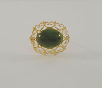 Signed Vintage or Antique Solid 14K Yellow Gold Fancy Filigree Framed Deep Green Oval Cabochon Nephrite Jade Brooch Pin