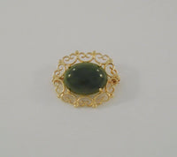 Signed Vintage or Antique Solid 14K Yellow Gold Fancy Filigree Framed Deep Green Oval Cabochon Nephrite Jade Brooch Pin