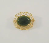 Signed Vintage or Antique Solid 14K Yellow Gold Fancy Filigree Framed Deep Green Oval Cabochon Nephrite Jade Brooch Pin