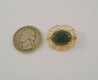 Signed Vintage or Antique Solid 14K Yellow Gold Fancy Filigree Framed Deep Green Oval Cabochon Nephrite Jade Brooch Pin