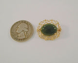 Signed Vintage or Antique Solid 14K Yellow Gold Fancy Filigree Framed Deep Green Oval Cabochon Nephrite Jade Brooch Pin