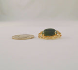 Signed Vintage or Antique Solid 14K Yellow Gold Fancy Filigree Framed Deep Green Oval Cabochon Nephrite Jade Brooch Pin