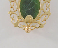 Signed Vintage or Antique Solid 14K Yellow Gold Fancy Filigree Framed Deep Green Oval Cabochon Nephrite Jade Brooch Pin