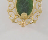 Signed Vintage or Antique Solid 14K Yellow Gold Fancy Filigree Framed Deep Green Oval Cabochon Nephrite Jade Brooch Pin