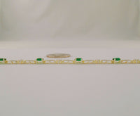 Luxurious Signed Vintage Yellow Gold Vermeil over Sterling Silver Curvy Oval Link Bracelet w/ Prong-Set Deep Green & Clear Faceted Stones + Safety Catch 7.5"