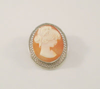Detailed Signed Vintage Beau Filigree Framed Sterling Silver Hand Carved Shell Lady Cameo Oval Brooch or Pin